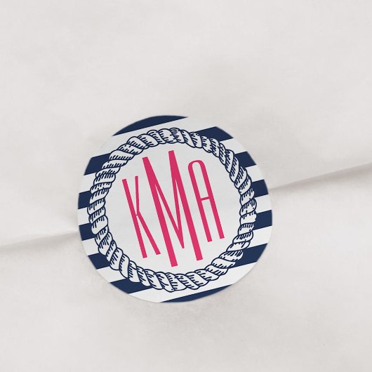 Preppy Nautical Navy & White Stripe Pink Monogram Ronde Sticker
