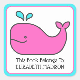 Preppy Nautical Pink en Aqua Whale Bookplate Vierkante Sticker