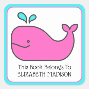 Preppy Nautical Pink en Aqua Whale Bookplate Vierkante Sticker
