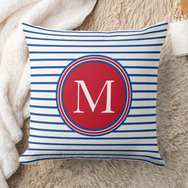 Preppy Nautical Rood Wit en Blauw Streepmonogram Kussen (Deken)