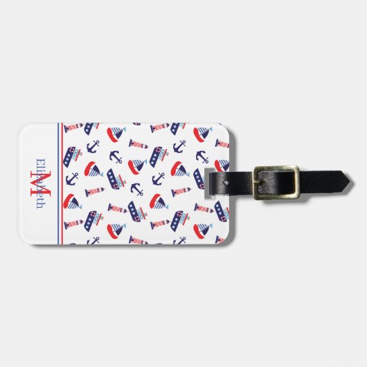 Preppy Nautical Sailboats Monogram Bagagelabel (Voorkant horizontaal)