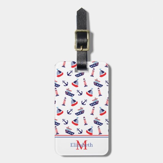 Preppy Nautical Sailboats Monogram Bagagelabel (Voorkant verticaal)