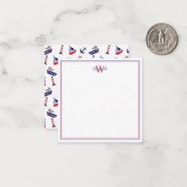 Preppy Nautical Sailboats Monogram Notitiekaartje