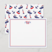 Preppy Nautical Sailboats Monogram Notitiekaartje (Voorkant / Achterkant)