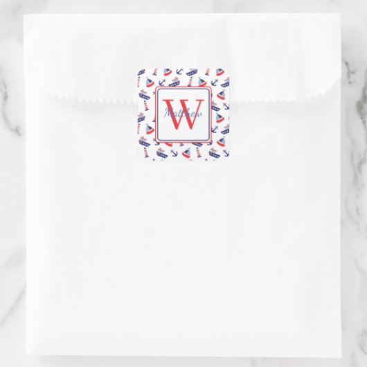 Preppy Nautical Sailboats Monogram Vierkante Sticker (Tas)