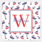 Preppy Nautical Sailboats Monogram Vierkante Sticker (Voorkant)
