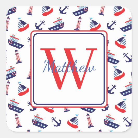 Preppy Nautical Sailboats Monogram Vierkante Sticker (Voorkant)