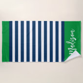 Preppy Nautical Stripe Navy Green Calligraphy Strandlaken (Voorkant)