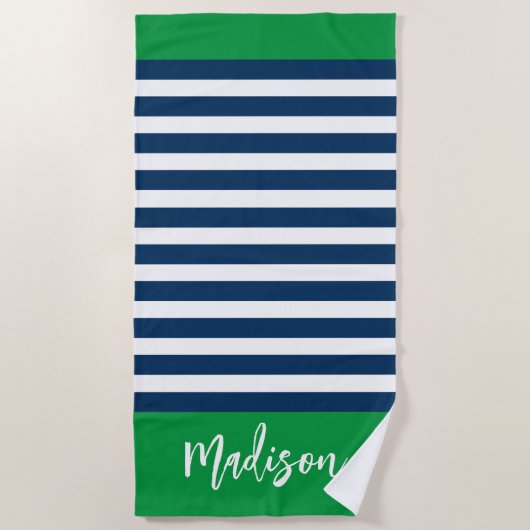 Preppy Nautical Stripe Navy Green Calligraphy Strandlaken (Voorkant)