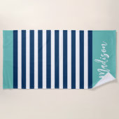 Preppy Nautical Stripe Navy Turquoise Calligraphy Strandlaken (Voorkant)