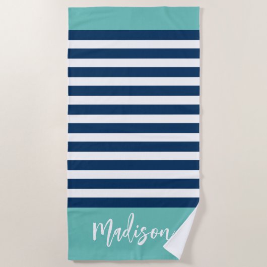 Preppy Nautical Stripe Navy Turquoise Calligraphy Strandlaken (Voorkant)