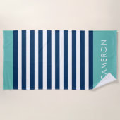 Preppy Nautical Stripe Navy Turquoise Name Strandlaken (Voorkant)