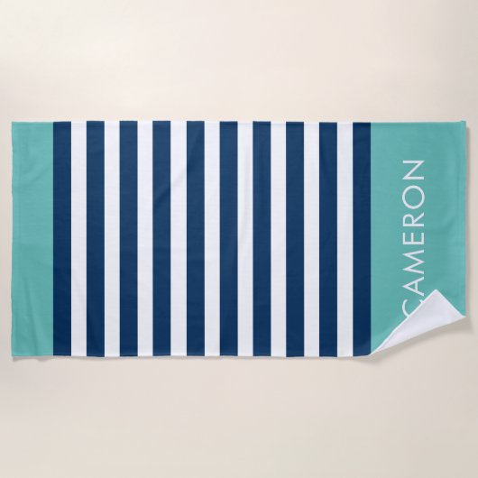Preppy Nautical Stripe Navy Turquoise Name Strandlaken (Voorkant)