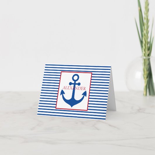Preppy Nautical Stripes and Anchor Personalized Notitiekaartje (Voorkant)