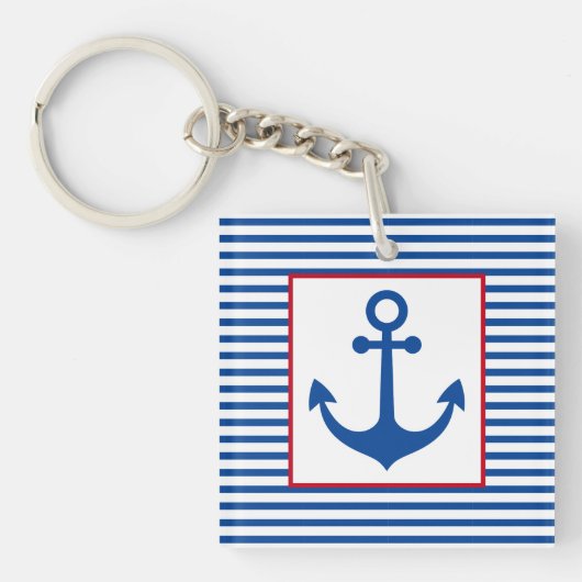 Preppy Nautical Stripes and Anchor Personalized Sleutelhanger (Voorkant)