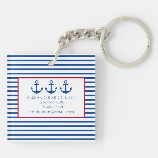 Preppy Nautical Stripes and Anchor Personalized Sleutelhanger (Achterkant)