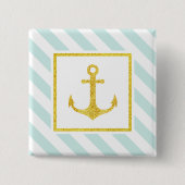 Preppy Nautical Stripes Gold Faux Glitter Anker Vierkante Button 5,1 Cm (Voorkant)