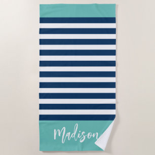 Preppy Nautilus Streep Navy Turquoise Calligrafie Strandlaken