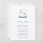 Preppy nautisch blauw wit monogram crest bruiloft kaart (Voorkant)