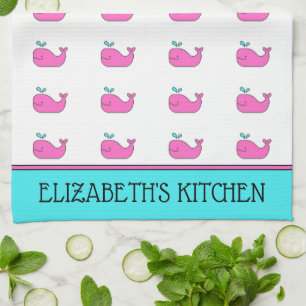 Preppy Nautisch Roze en Aqua Whale Gepersonaliseer Theedoek