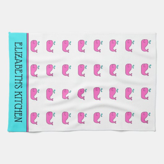 Preppy Nautisch Roze en Aqua Whale Gepersonaliseer Theedoek (Horizontaal)