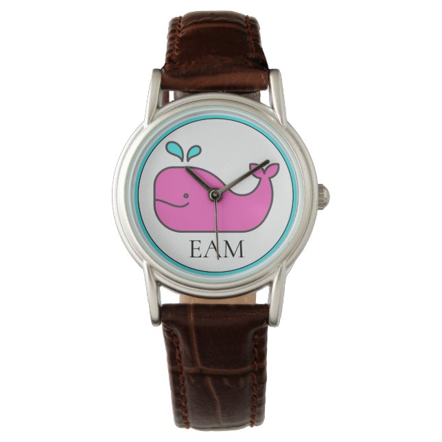 Preppy Nautisch Roze en Aqua Whale Monogram Horloge (Voorkant)