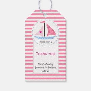 Preppy nautische roze zeil weg verjaardag dank u cadeaulabel