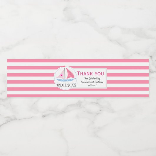 Preppy nautische roze zeil weg verjaardag dank u waterfles etiket (Enkel label)