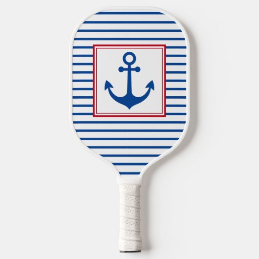 Preppy nautische strepen en anker gepersonaliseerd pickleball paddle (Voorkant)