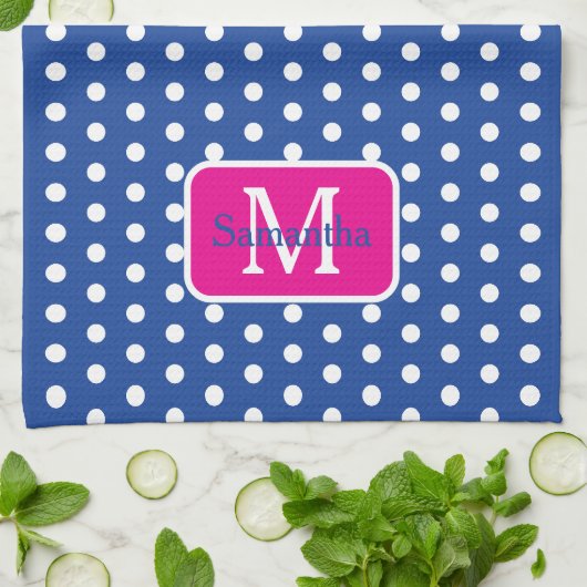 Preppy Navy Blauw en Wit Stippen Monogram Theedoek (Gevouwen)