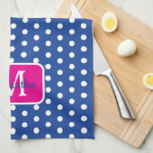 Preppy Navy Blauw en Wit Stippen Monogram Theedoek (Quarter Fold)