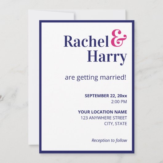 Preppy Navy Blauwe Rand & Hot Roze Strepen Trouwen Kaart (Voorkant)