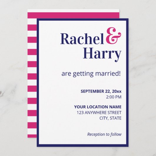 Preppy Navy Blauwe Rand & Hot Roze Strepen Trouwen Kaart (Voorkant / Achterkant)