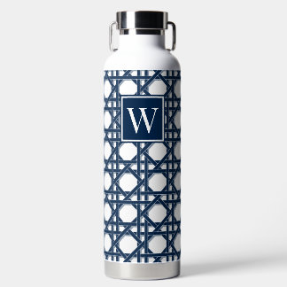 Preppy Navy Blauwe Riet Rattan Lattice Monogram Waterfles