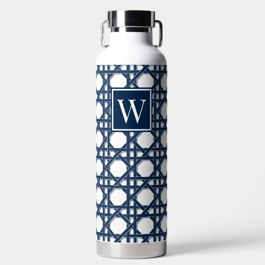 Preppy Navy Blauwe Riet Rattan Lattice Monogram Waterfles (Voorkant)