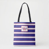 Preppy Navy Blauwe Rode en Witte Strepen Monogram Tote Bag (Voorkant)