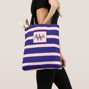 Preppy Navy Blauwe Rode en Witte Strepen Monogram Tote Bag