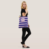 Preppy Navy Blauwe Rode en Witte Strepen Monogram Tote Bag (Op model)
