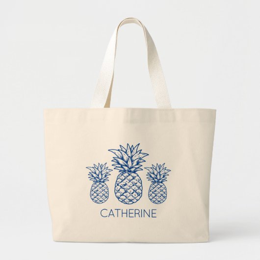 Preppy Navy Blauwe Tropische Ananas Persoonlijk Grote Tote Bag (Voorkant)