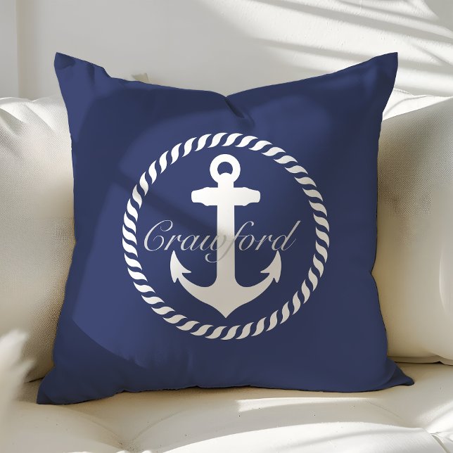 Preppy Navy Blauwe & Witte Zeeanker Monogram Kussen (Creator heeft geüpload)