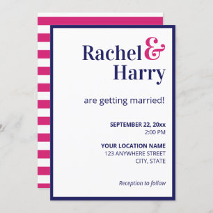 Preppy Navy Blue Border & Hot Pink Stripes Wedding Kaart