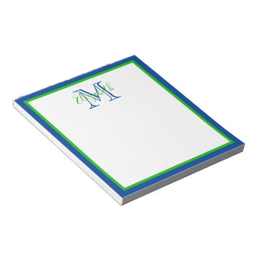 Preppy Navy Blue en Green Monogram Notitieblok (Schuin)