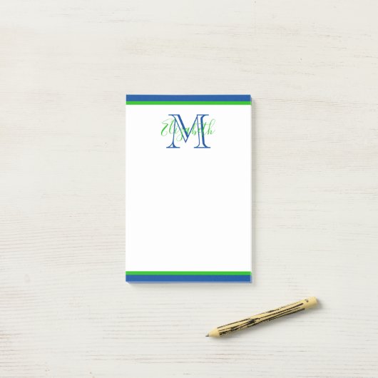 Preppy Navy Blue en Green Monogram Post-it® Notes (Op bureau)
