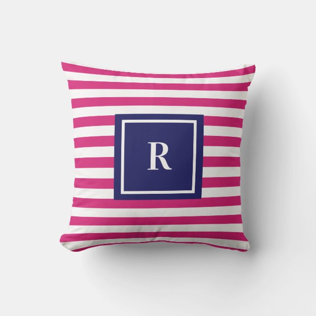 Preppy Navy Blue en Hot Pink Monogram Kussen (Voorkant)