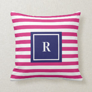 Preppy Navy Blue en Hot Pink Monogram Kussen