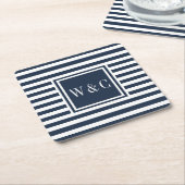 Preppy Navy Blue en White Stripe Monogram Kartonnen Onderzetters (Schuin)