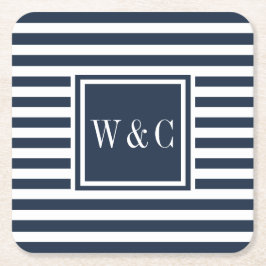 Preppy Navy Blue en White Stripe Monogram Kartonnen Onderzetters