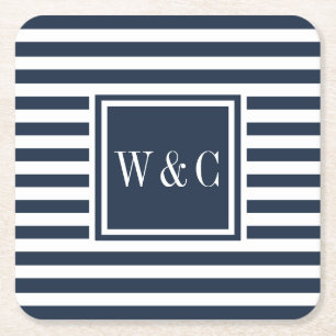 Preppy Navy Blue en White Stripe Monogram Kartonnen Onderzetters