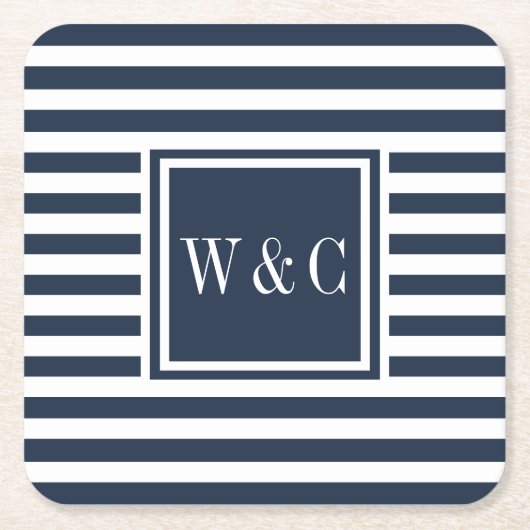 Preppy Navy Blue en White Stripe Monogram Kartonnen Onderzetters (Voorkant)