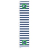 Preppy Navy Blue en White Stripe Monogram Korte Tafelloper (Voorkant)